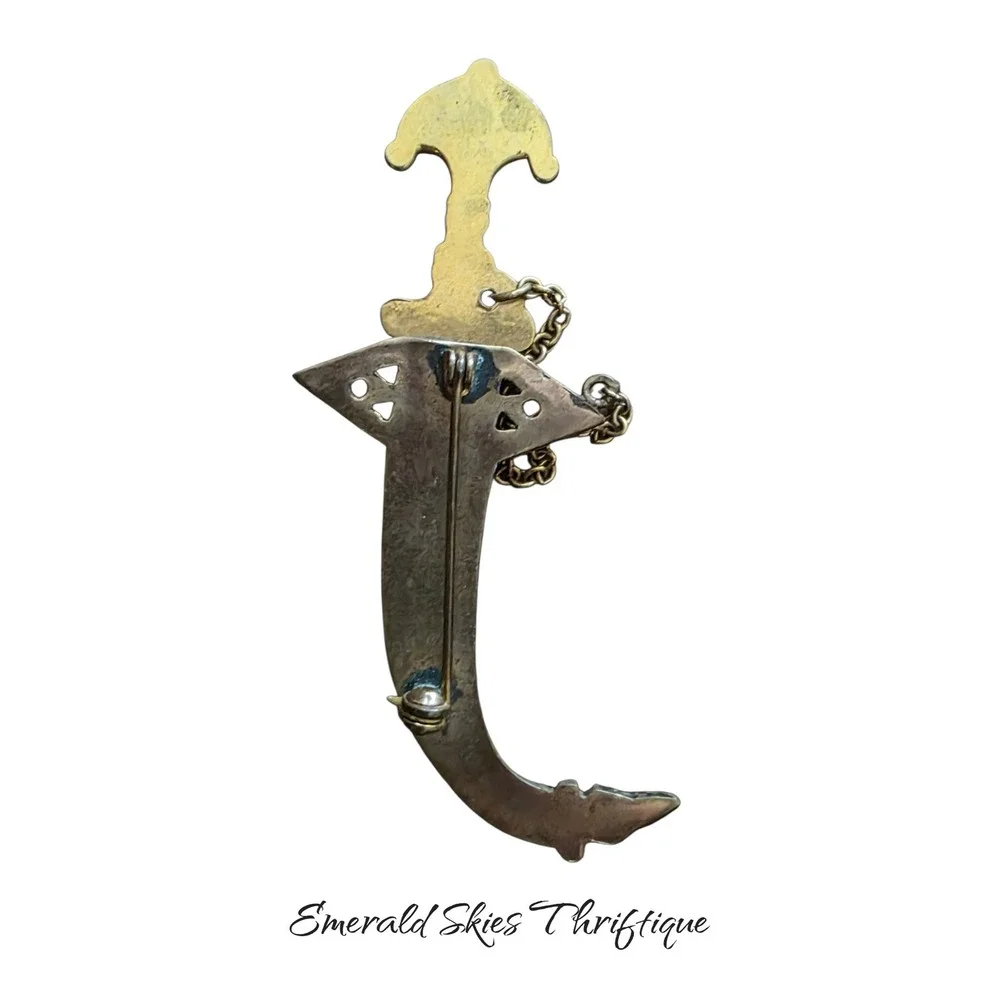 Vintage Damascene Scimitar Dagger Brooch Pin Removable Sword Chain free ship